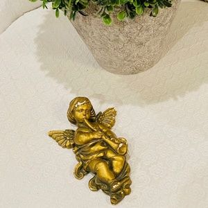 S1-Vintage Religious Art Gold Chalk Ware Trumpet Playing Angel/Cherub